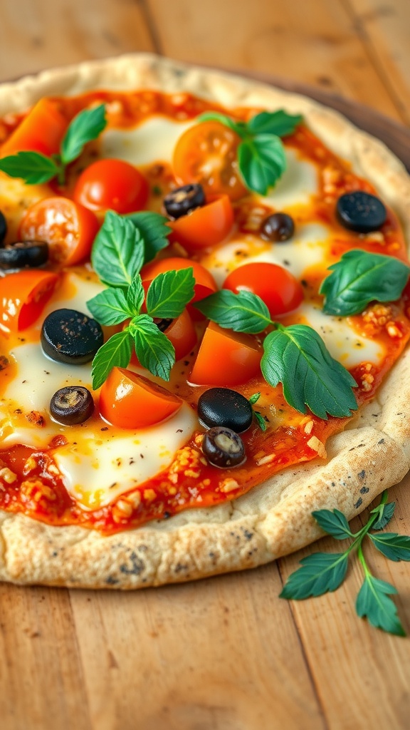 A crispy quinoa pizza crust topped with tomato sauce, cheese, and assorted vegetables on a wooden table.